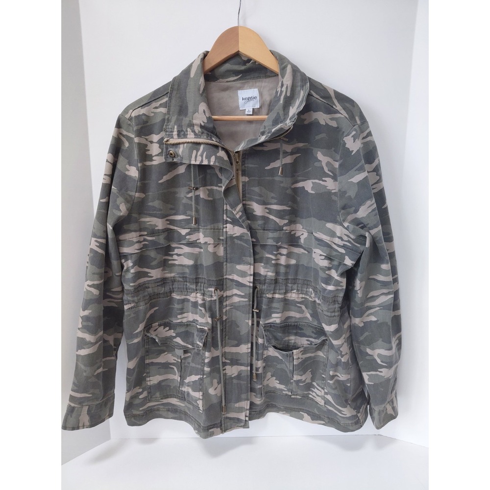Kensie Jeans‎ Jacket Womens Large Green Camouflage Full Zip Military Stretch